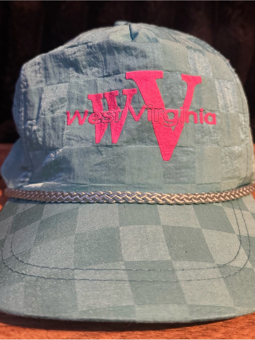 VTG 90s West Virginia Hat Neon Pink Spellout Teal Checkered Nylon Rope Snapback